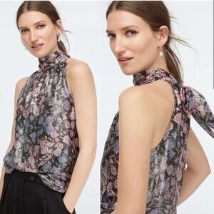 J. Crew Collection Bow Tie Neck Top in Metallic Shimmer Floral Jacquard XL
